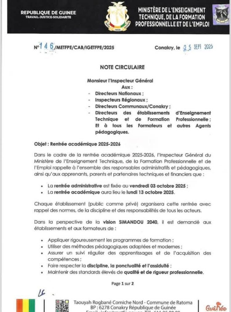 METFPE: la rentrée académique fixée au 13 octobre(Communiqué)